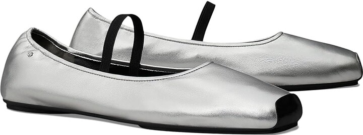 Tory Burch Mary Jane Ballet Women's Flat Shoes Silver/Perfect Black : 8 M, Leather/Nylon