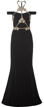 Reem Acra - Cold-shoulder Embellished Silk-crepe Gown - Black