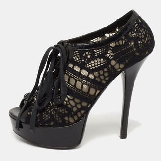Dolce & Gabbana Black Lace and Patent Leather Lace-Up Peep-Toe Platform Booties Size 37.5