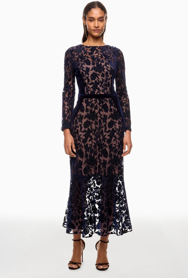 Cutwork Velvet & Tulle Midi Dress Blue-print