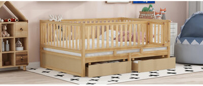 Harriet Bee Daybed With Fence Guardrails And 2 Drawers In Natural Pine Wood Solid Full Size Versatile - Teen Bedroom Furniture