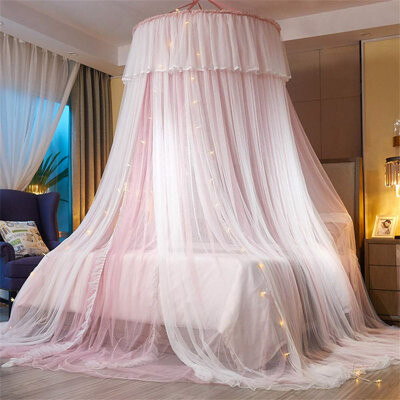 Manman Bed Canopy With Lights,Canopy Bed Curtains Bed Drapes-Double Layer Mesh Sheer Bed Netting Use To Cover, Round Lace Princess Mosquito Net Tent,Princess