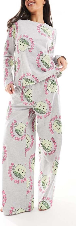 ASOS DESIGN satin celestial baroque shirt trouser pyjama set in