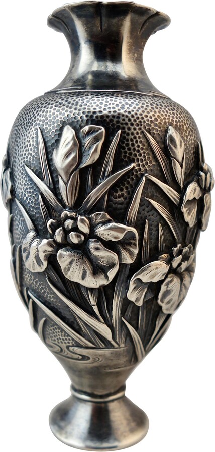 Samurai Shokai Japanese Silver Repousse Iris Vase Meiji Period