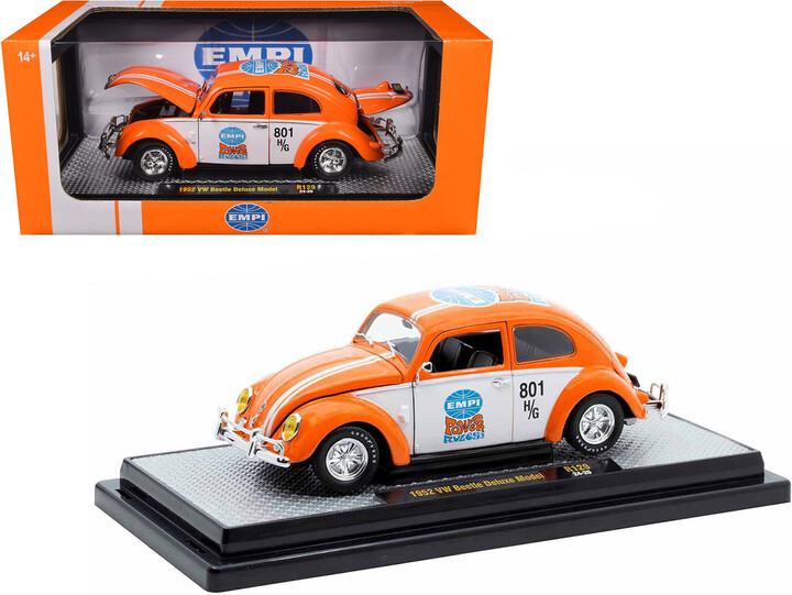 M2 1952 Volkswagen Beetle Deluxe Model "EMPI Power Rules" Orange and White with Graphics Limited Edition to 6650 pieces Worldwide 1/24 Diecast Model Car by Machines
