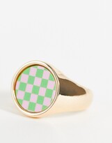 Thumbnail for your product : ASOS DESIGN ASOS DESIGN Curve ring in green and pink checkboard design in gold tone