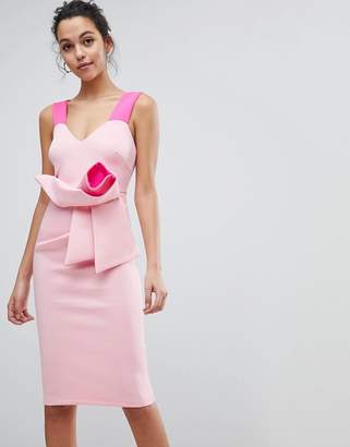 ASOS Design Fluro Two Tone Pink Origami Bow Midi Bodycon Dress