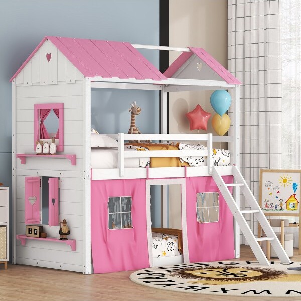 TiramisuBestTwinSizeBunkWoodHouseBedwithElegantWindowsSillsandTentPink+White