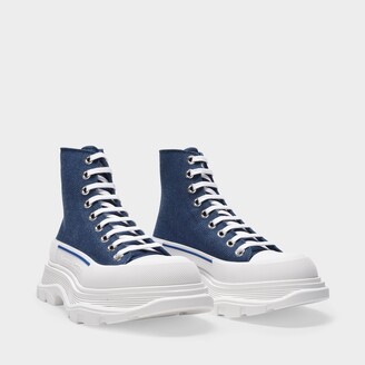 Alexander McQueen Tread Slick Sneakers in Indigo Blue Leather and White Rubber Sole