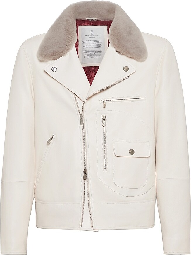 Brunello Cucinelli Men's Nappa Leather Biker Jacket with Thermore Padding and Detachable Shearling Collar - Ivory - Size Large