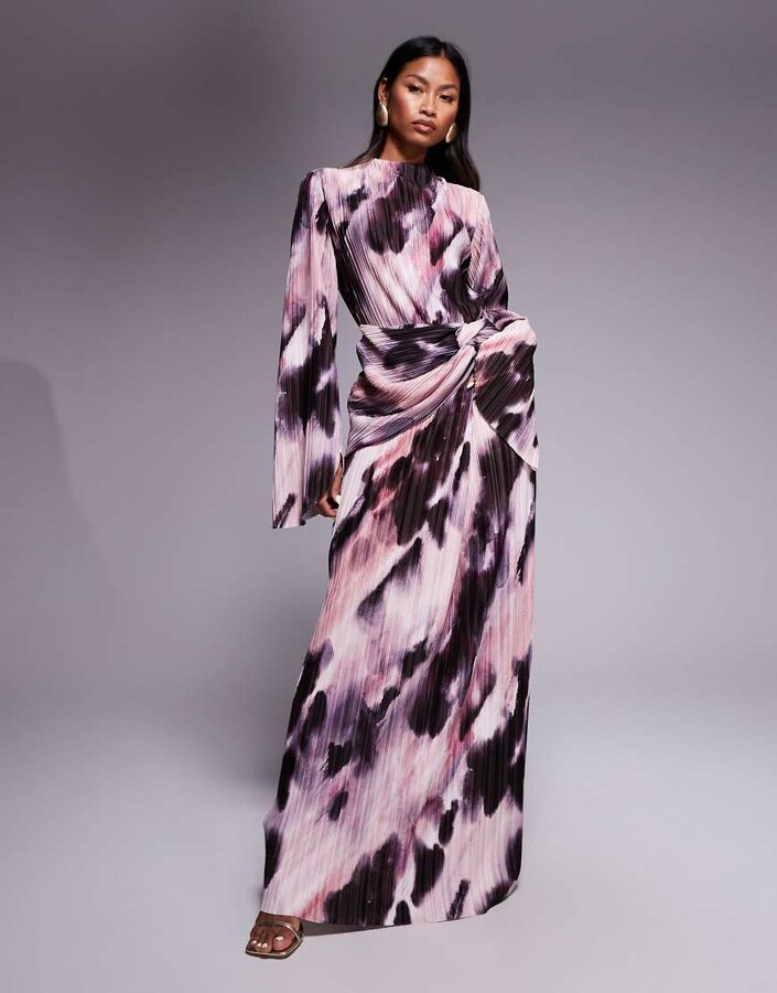 ASOS DESIGN plisse drape long sleeve maxi dress in pastel blurred print