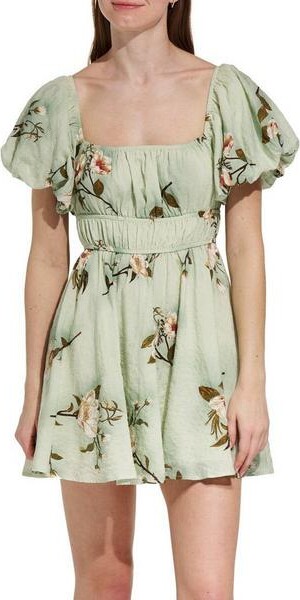 Double Zero Women's Floral Puff Sleeve Dress Medium Sage
