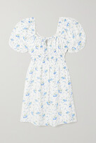 Thumbnail for your product : Faithfull The Brand + Net Sustain Nikoleta Tie-detailed Shirred Floral-print Linen Mini Dress - White