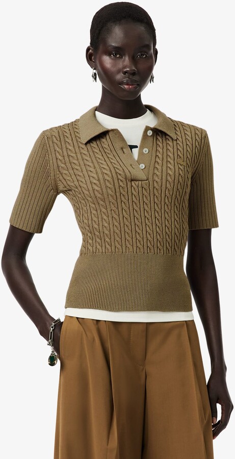 Lacoste Runway Cable Knit Polo Collar Sweater