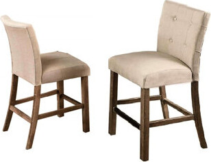 Hokku Designs Two Gray Wood Legged Dining Chairs With Back Beige Blend Fabric And Footrest Counter Height Padded Seat Finish Upholstered In