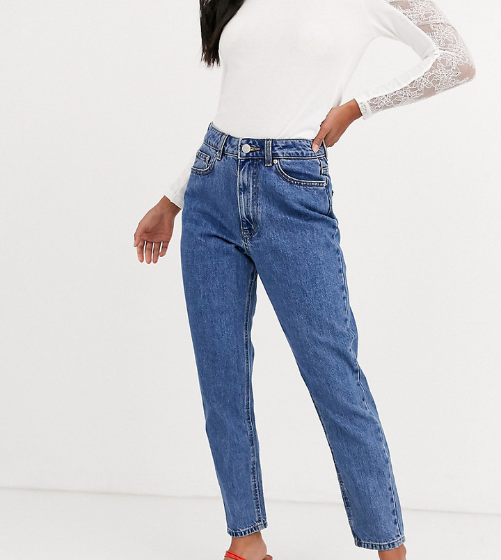 Vero Moda Petite high waist ankle grazer mom jean in medium blue - ShopStyle