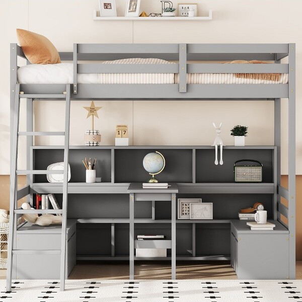 BellemaveTwinLoftBedwithDeskStorageShelves&DrawersSpace-SavingWoodLoftBedwithBuilt-InSeatModernDesignGrey