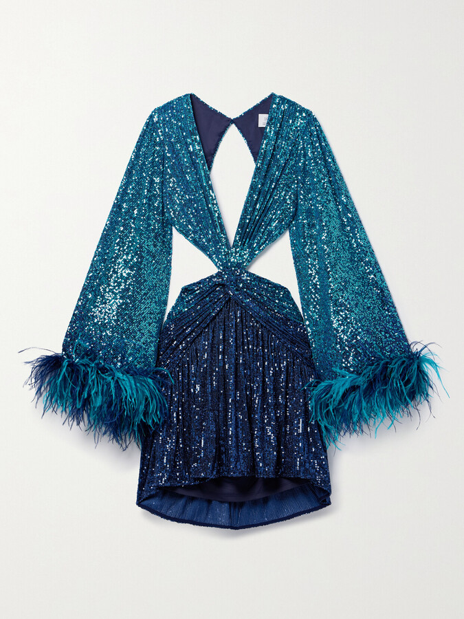 PatBO + Alessandra Ambrosio Cutout Feather-trimmed Sequined Tulle Mini Dress - Blue