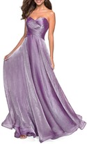 Thumbnail for your product : La Femme Strapless Metallic Chiffon Gown with Ruched Bodice