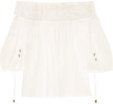 Thumbnail for your product : Chloé Off-the-shoulder Embroidered Tulle And Silk-crepon Blouse - Ivory