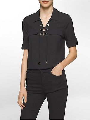 Calvin Klein Womens Solid Lace-Up Roll Sleeve Top Shirt