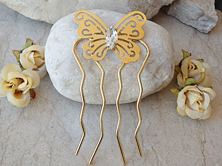 Etsy Bridal Hair Pins. Rhinestone Comb. Hair Accessory. Butterfly Jewelry. Gold Wedding Succulent. Crystal Bridal Comb