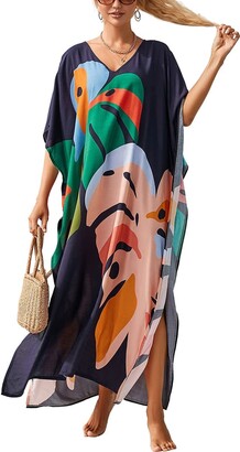 Bsubseach Women V Neck Loose Multicolor Rainbow Beach Dress Batwing Sleeve Long Kaftan Beachwear Swimsuit Cover Up Plus Size