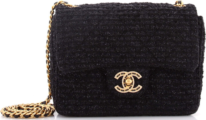 Chanel Square Classic Single Flap Bag Quilted Tweed with Crystals Mini
