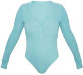 Thumbnail for your product : PrettyLittleThing Dusty Turquoise Long Sleeve Popper Detail Thong Bodysuit
