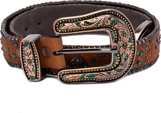 Western Leather Belt For Women - Brown Cowgirl Belt With Alloy Buckle, Adjustable Up To 48 Inches