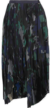 Sacai Asymmetric Printed Plissé-georgette Wrap Midi Skirt - Navy