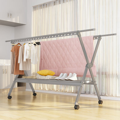 Rebrilliant Clothes Drying Rack Foldable Portable Indoor Outdoor Garment Rack With 48 Windproof Hooks And Wheels Clothing Folding Aluminum Alloy Laundry Drying