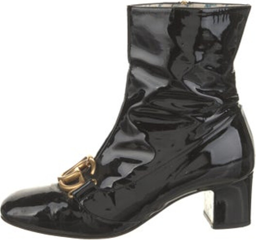Gucci Patent Leather Ankle Boots Black Running GG Logo Leather Trim Square-Toes Concealed Zip Closure at Sides
