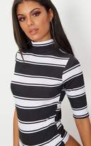 Thumbnail for your product : PrettyLittleThing Grey Stripe Short Sleeve Thong Bodysuit
