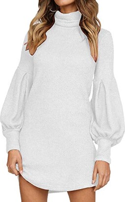 Auxo Women Jumper Dress Turtleneck Long Sleeve Casual Knitted Jumper Knitwear Sweater Dress B-White XL