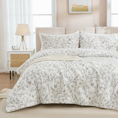 Nayoroom French Garden Botanical Floral Butterfly Comforter Set Vintage Style White Soft 100% Cotton Garden Floral Aesthetic Bedding Set