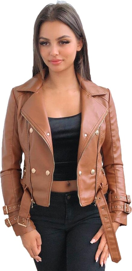SS7 Womens Faux Leather PU Biker Jacket Tan - ShopStyle