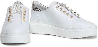 Roberto Cavalli Embellished Snake-effect And Smooth Leather Slip-on Sneakers