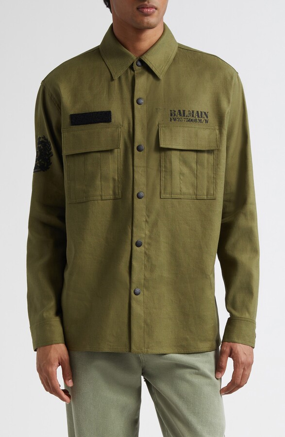 Balmain Small Logo Stamp Canvas Snap-Up Shirt