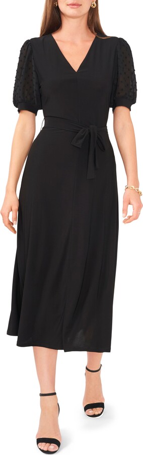 Chaus Clip Dot Puff Sleeve Tie Front Midi Dress