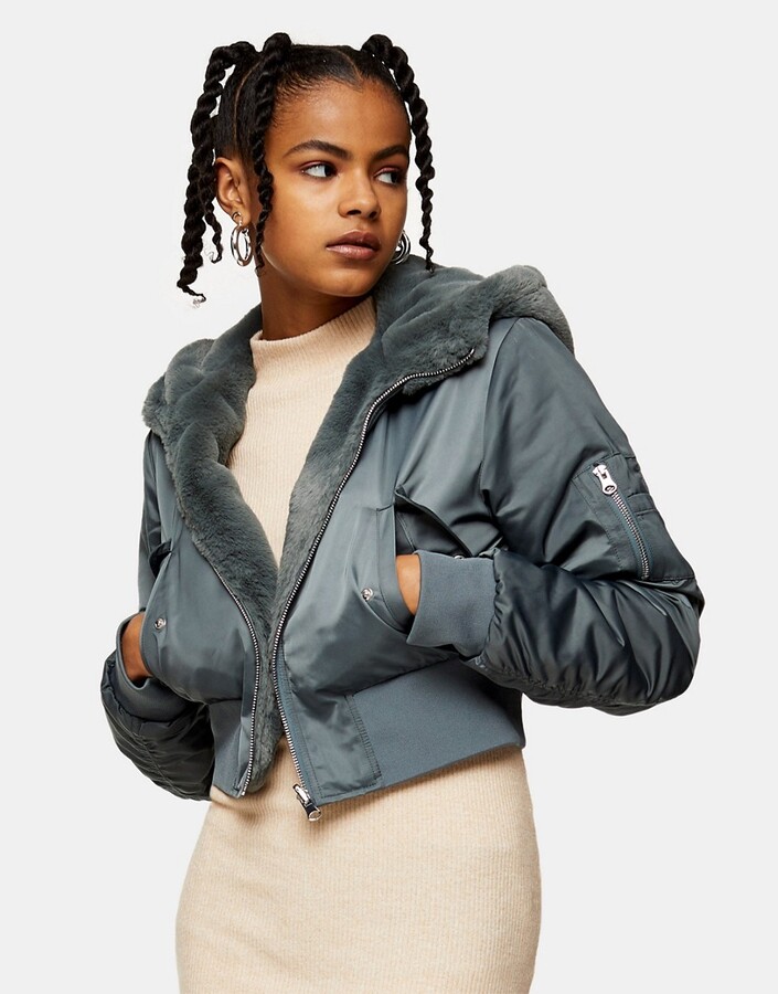 Topshop reversible faux fur and nylon cropped jacket with hood in blue -  ShopStyle