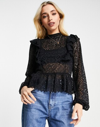 Morgan all over sheer lace top with volume sleeves in black