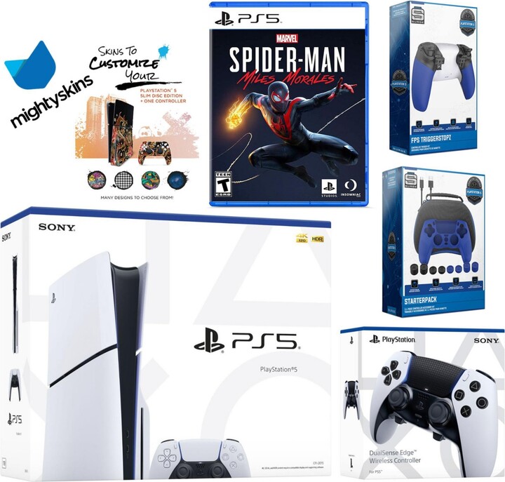 Sony Playstation 5 Slim Disc Bundle with Spider-Man: Miles Morales, Extra Edge Controller, Pro Gamer Kit, Trigger Kit and MightySkins Decal Voucher -