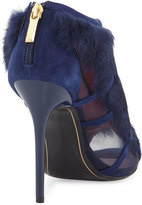 Thumbnail for your product : Charles Jourdan Ecliptic Rabbit-Fur Open-Toe Bootie, Navy
