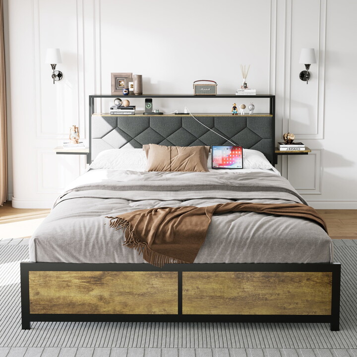 Yoneston Queen Platfrom Bed Frame with Upholstered Headboard Storage RGB LED Lights,Bedside Shelf & Charging Station, Brown