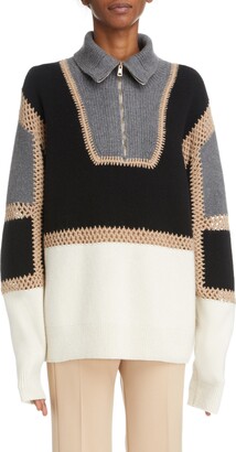 Chloé Colorblock Wool & Cashmere Quarter Zip Sweater