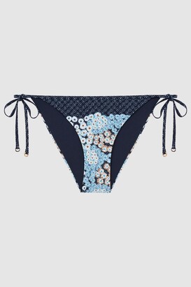 Reiss Navy Tina Floral Print Side Tie Bikini Bottoms