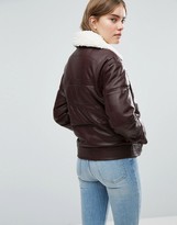 Thumbnail for your product : ASOS Leather Look Padded Jacket with Aviator Styling and Borg Liner