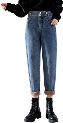 Womens High Waisted Fleece Lined Jeans Winter Warm Stretchy