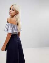 Thumbnail for your product : Glamorous Petite Off Shoulder Crop Top With Ruffle In Crushed Velvet